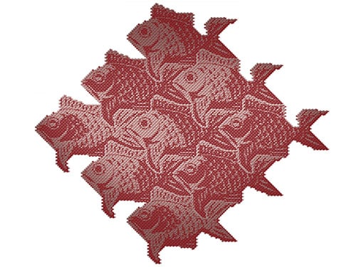 M.C. Escher, R. Hassel, Fish Scales III, Black, Red and Gold Variant on Brushed Aluminium
