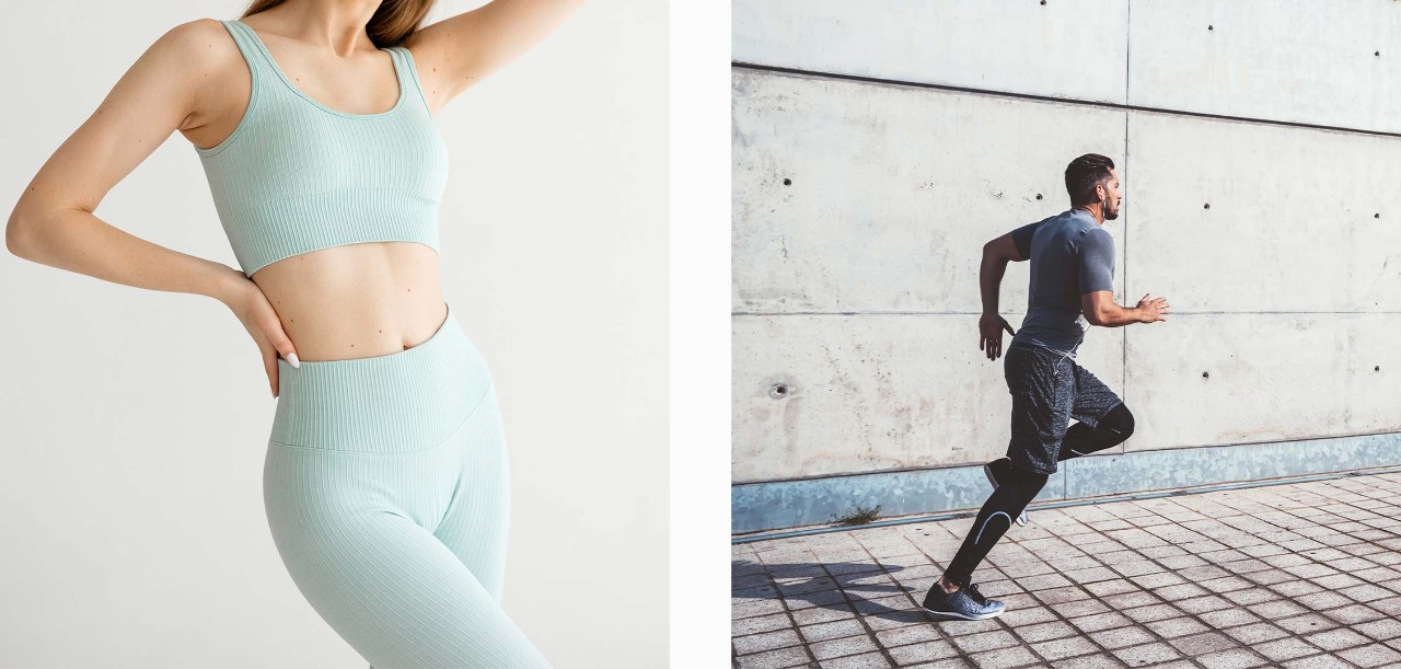 Woman and man in tone-on-tone activewear attire