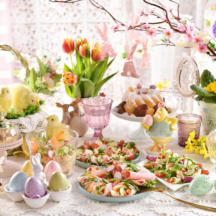 Easter goodies and breakfast on a dining table during Easter Sunday