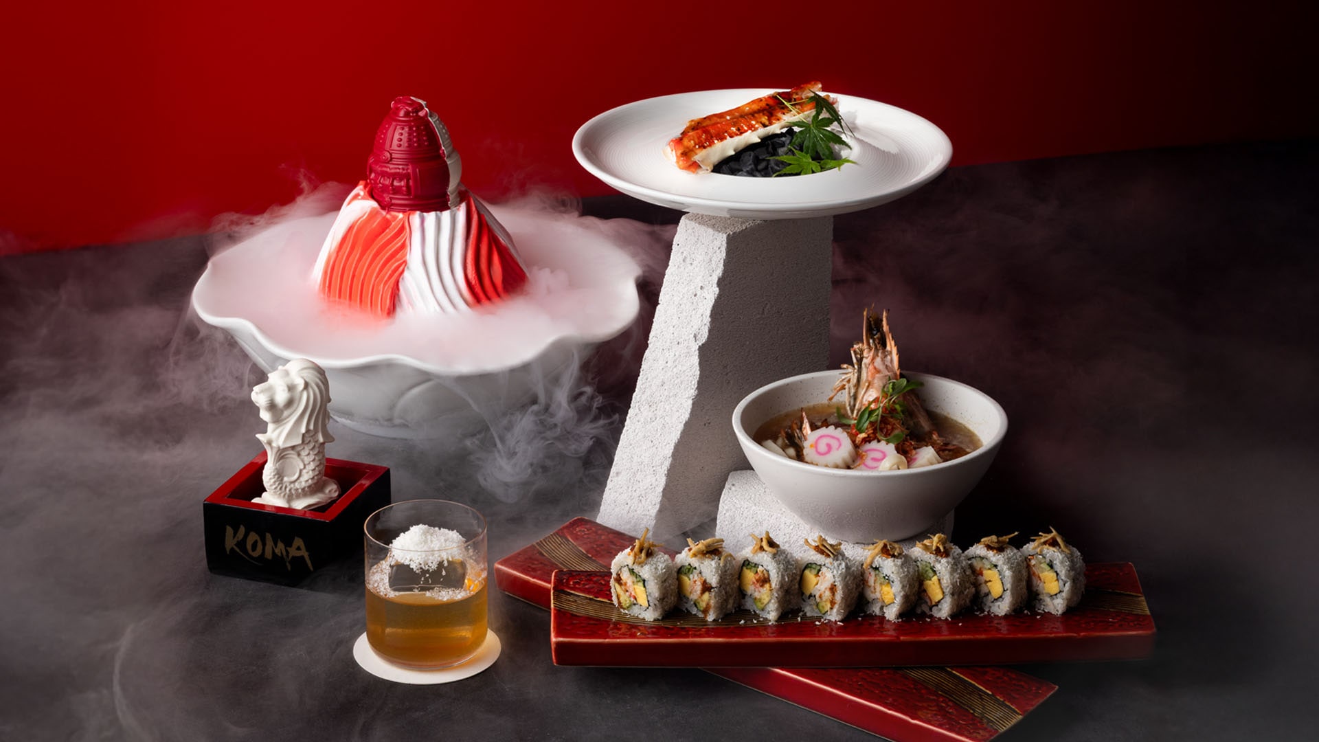 A selection of theatrical dishes at KOMA made to celebrate 2026 National Day