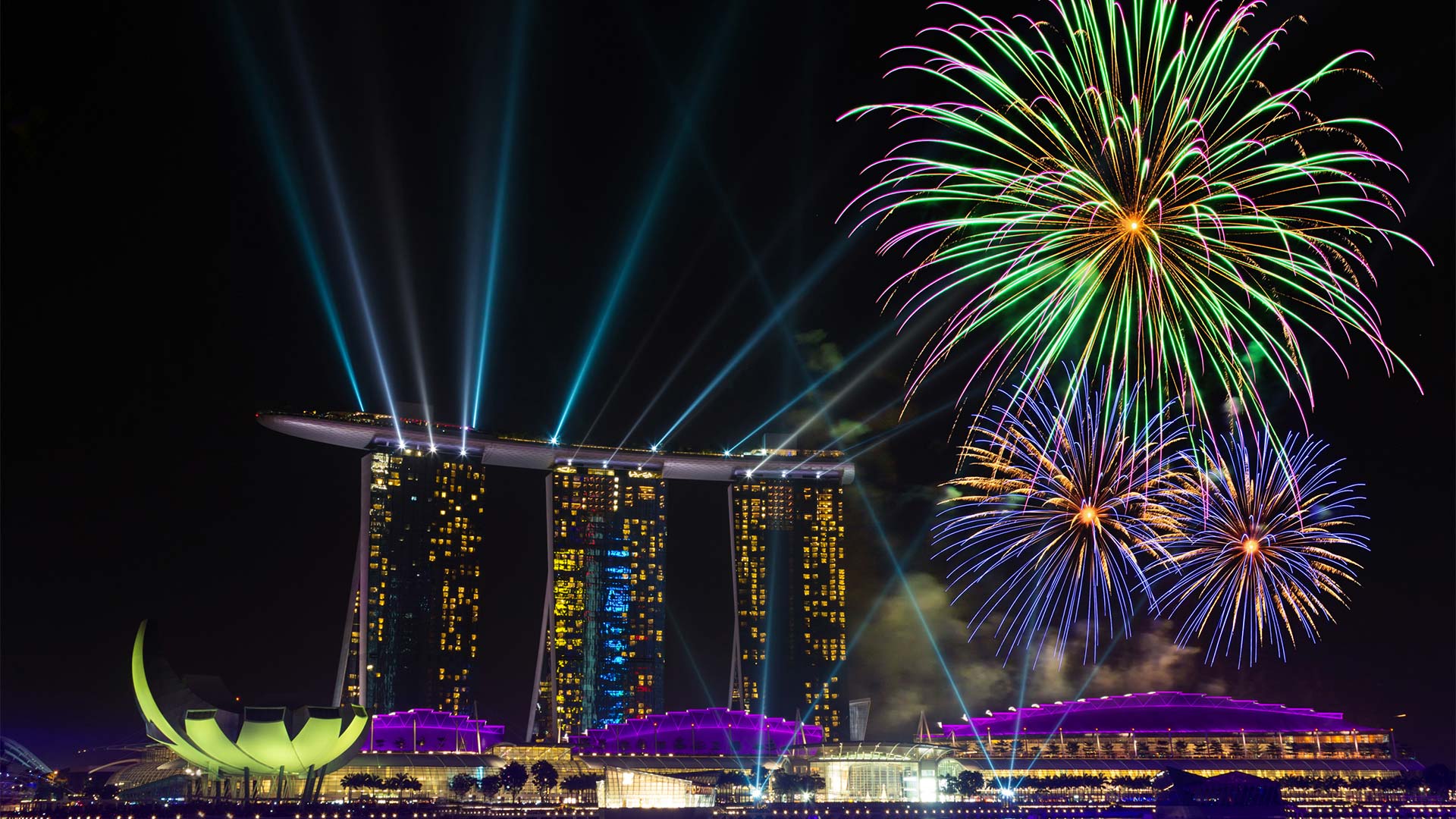 National Day fireworks in Singapore viewed from the rooftop of Marina Bay Sands