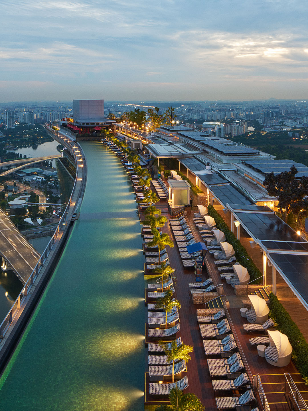 Top view of the iconic Infinity Pool at Marina Bay Sands, a must-visit attraction for your sightseeing itinerary in Singapore