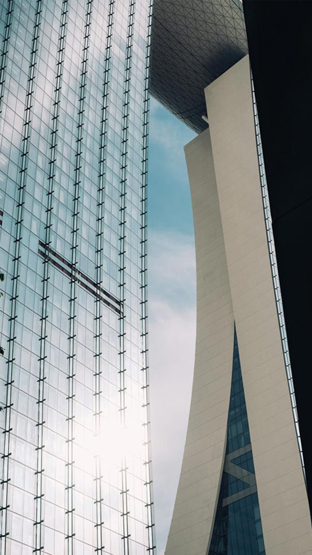 Close up shot of the exterior curved architectural structure of Marina Bay Sands, Singapore