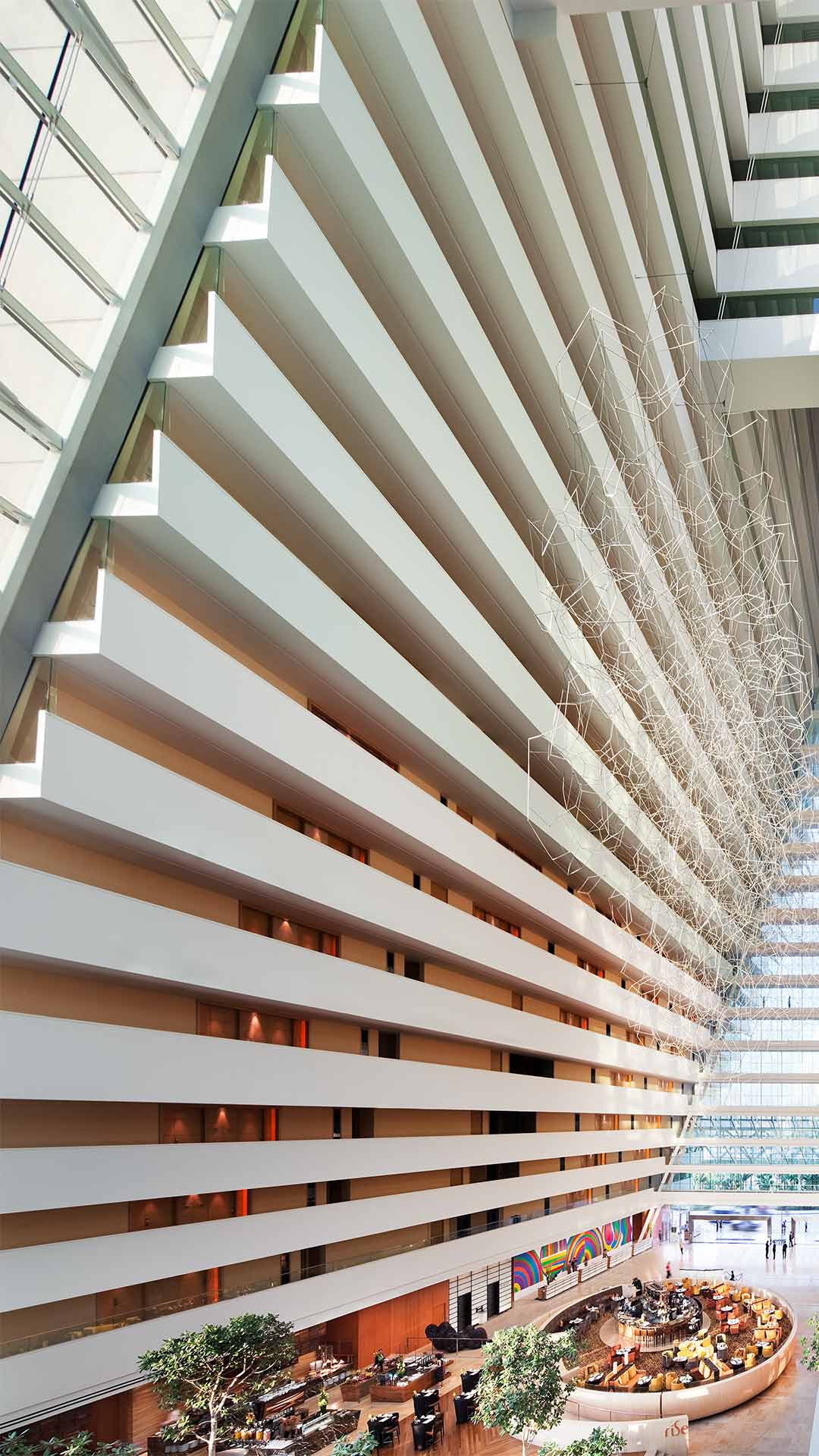 Interior of the curved architectural structure of the hotel towers at Marina Bay Sands, Singapore