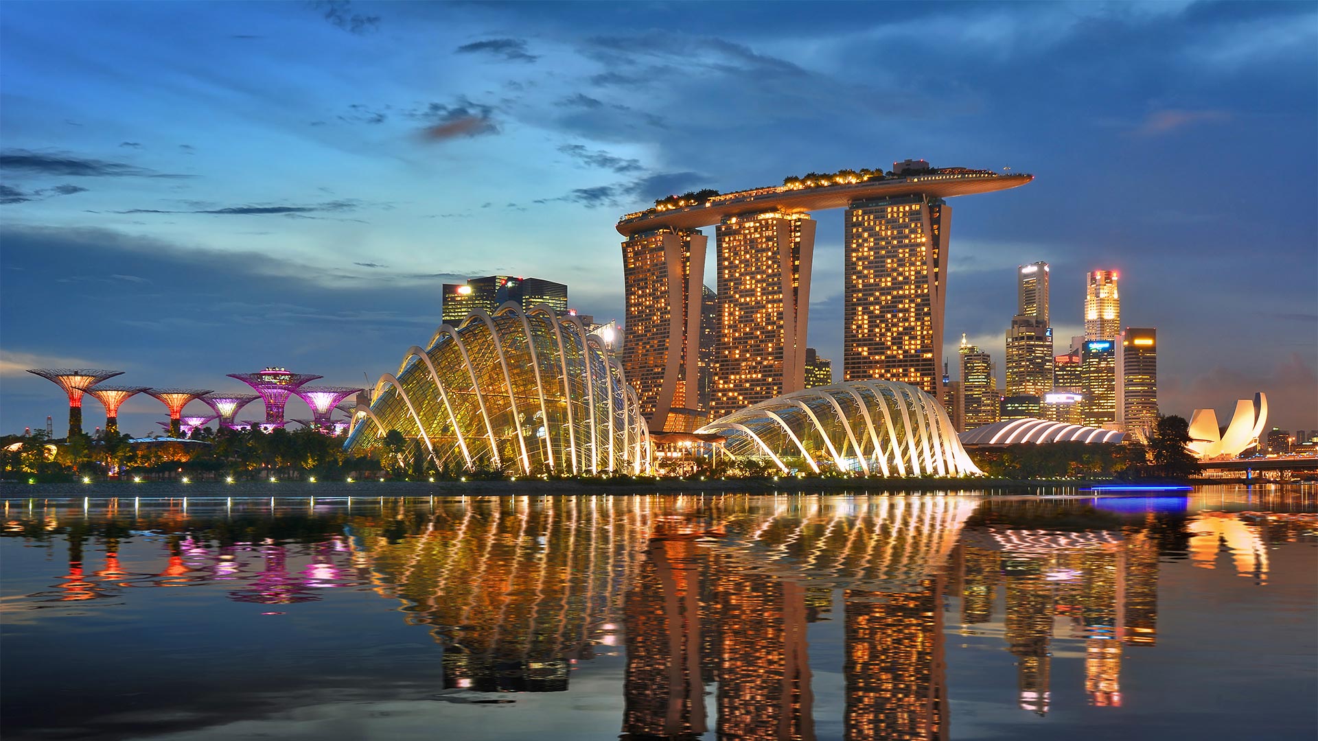 Marina Bay Sands and the flower dome of Gardens by the Bay at night in Singapore