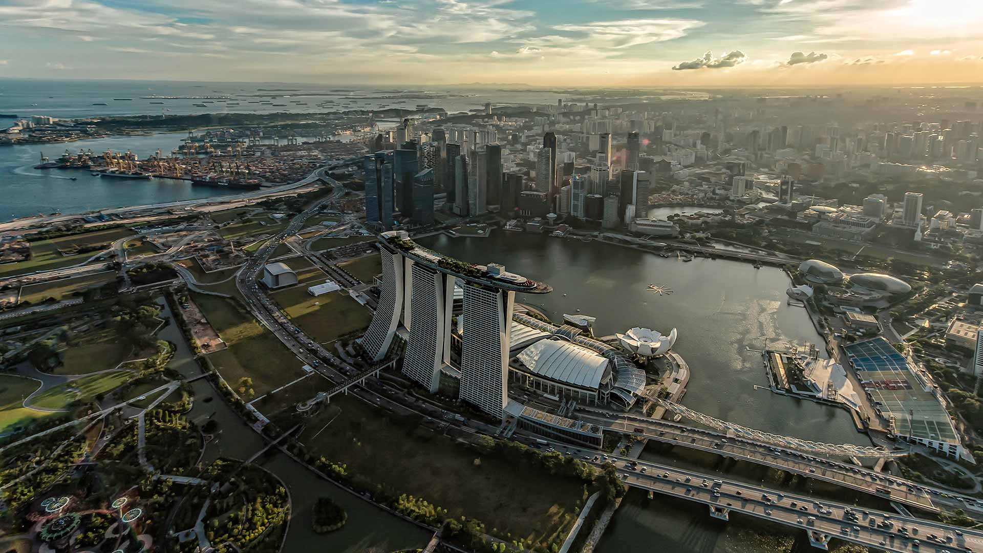 Overview of Marina Bay in Singapore, with Marina Bay Sands located along the waterfront