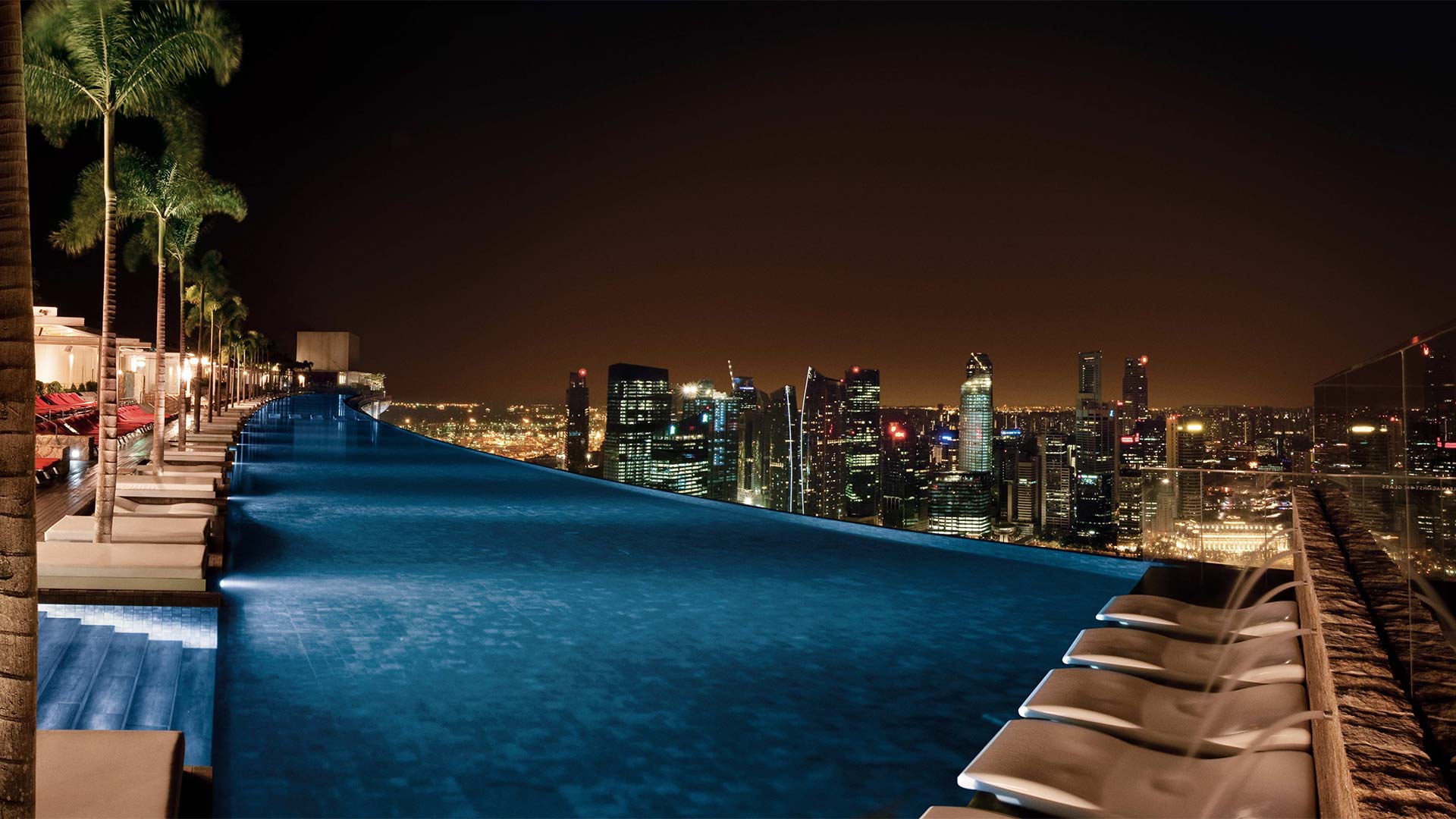 Night view of the longest Infinity Pool in the world, at Marina Bay Sands