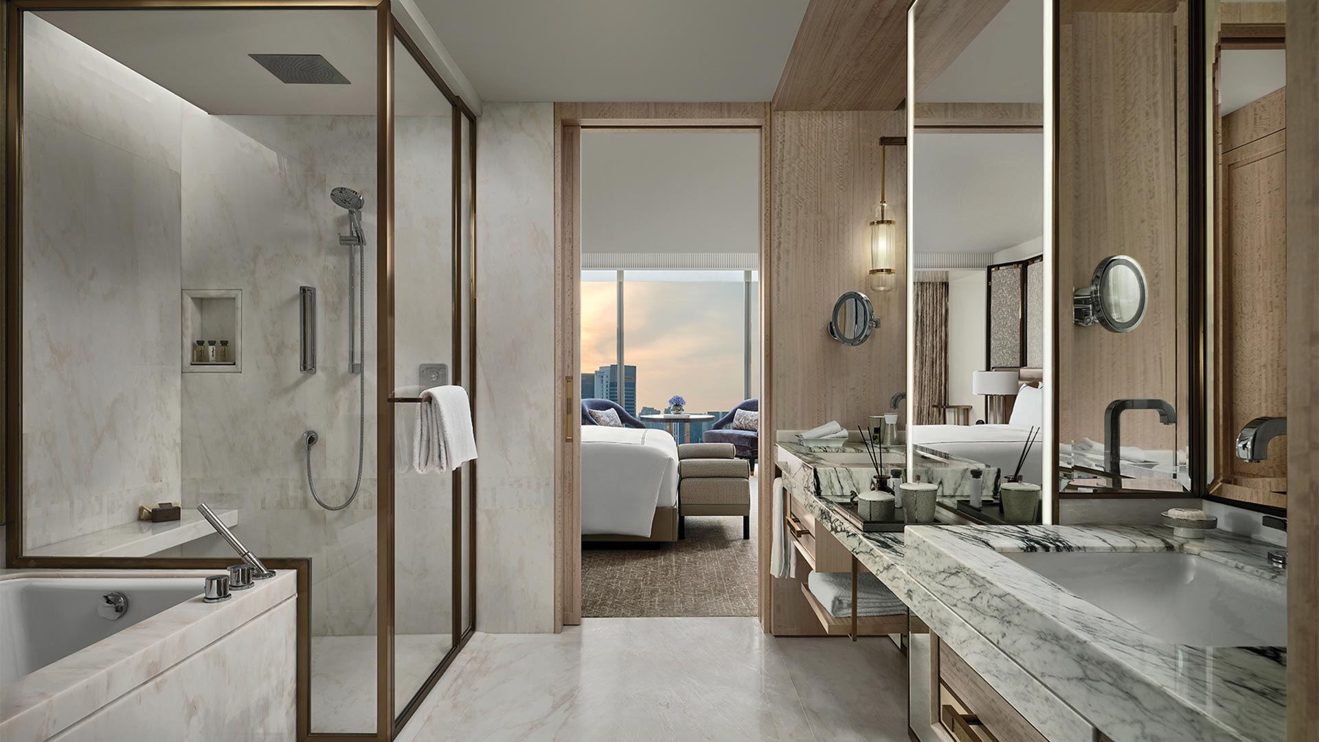 Bathroom and bedroom of the Sands Premier Room at Marina Bay Sands