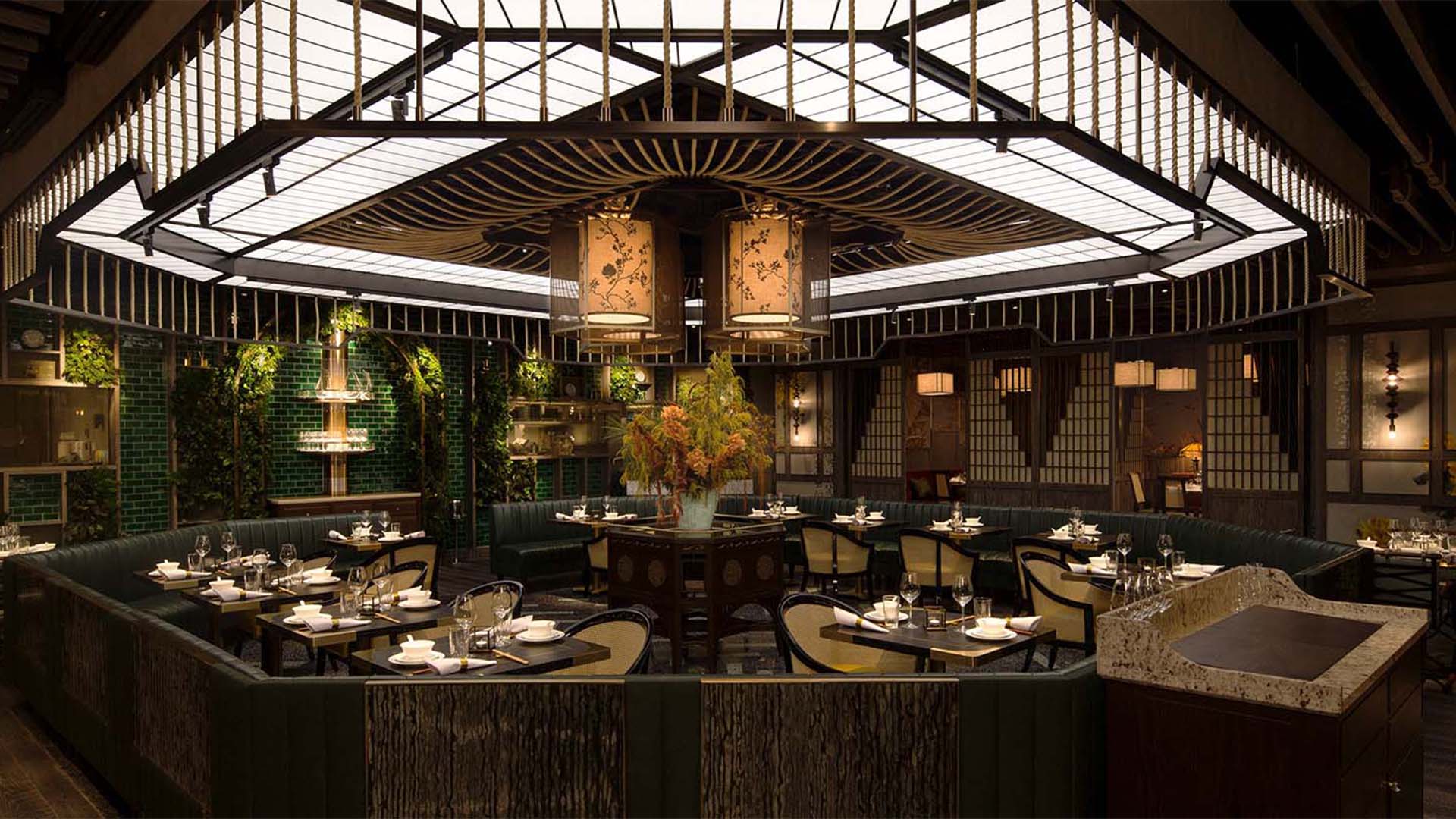 Dining area at Mott 32 Singapore, a Chinese restaurant with a hairy crab inspired menu this season