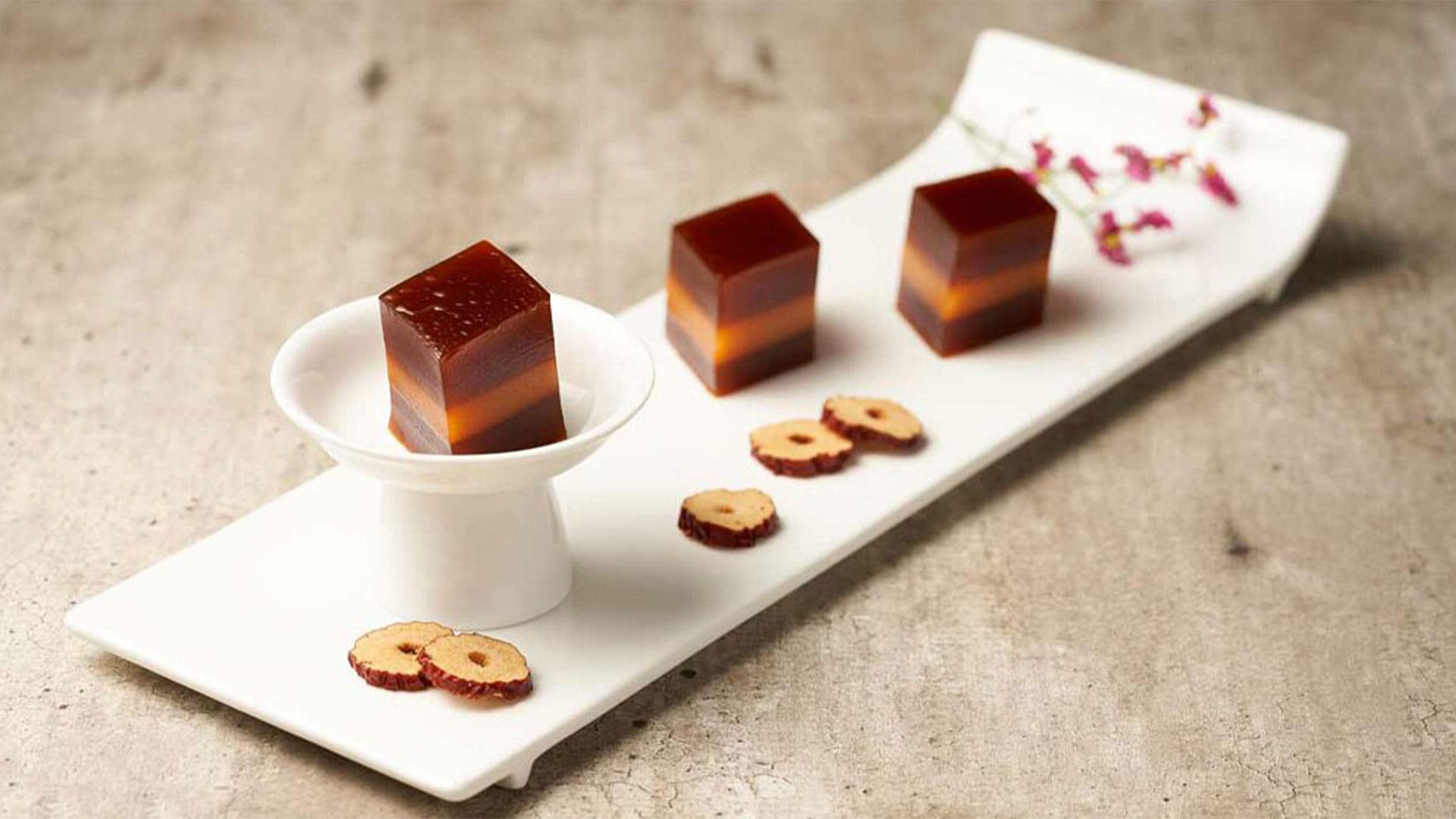 3 pieces of dessert with sliced rate dates, a vegetarian-friendly food, at BLOSSOM Restaurant, Marina Bay Sands