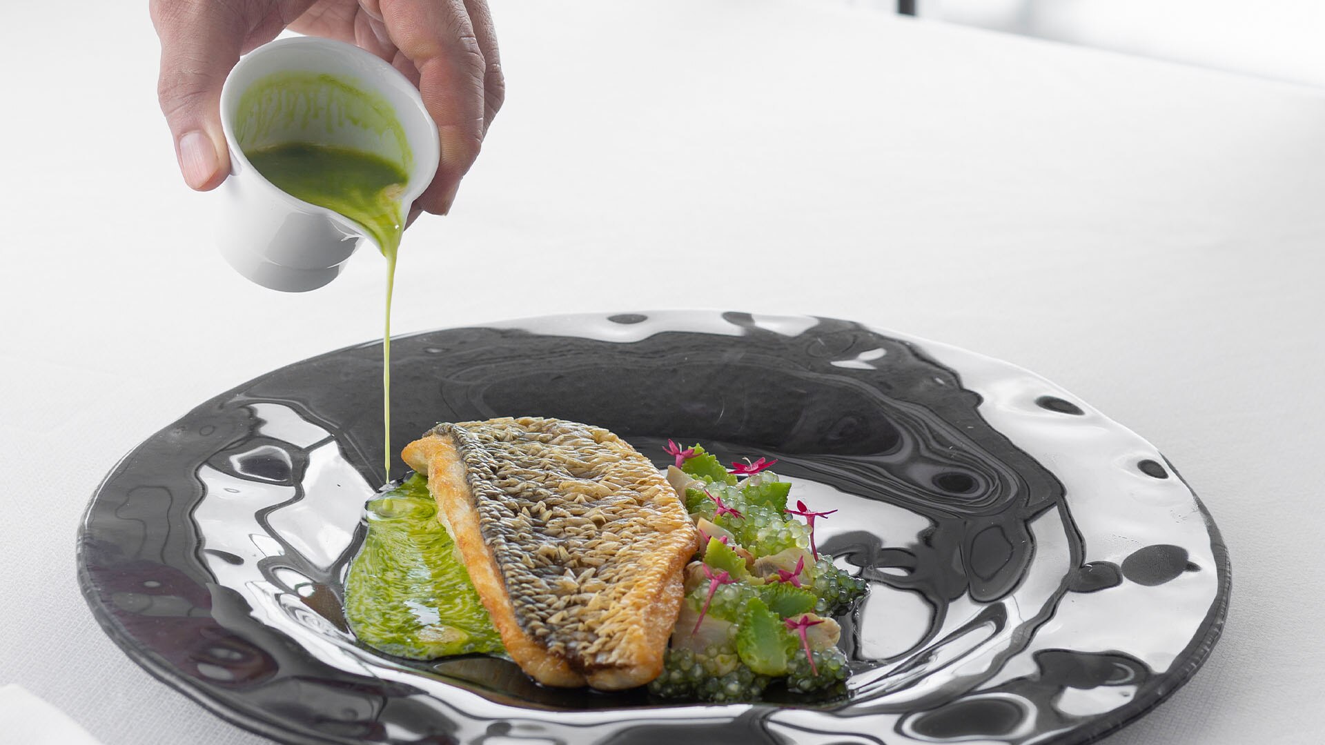 Fish from Spago, a western rooftop restaurant in Singapore