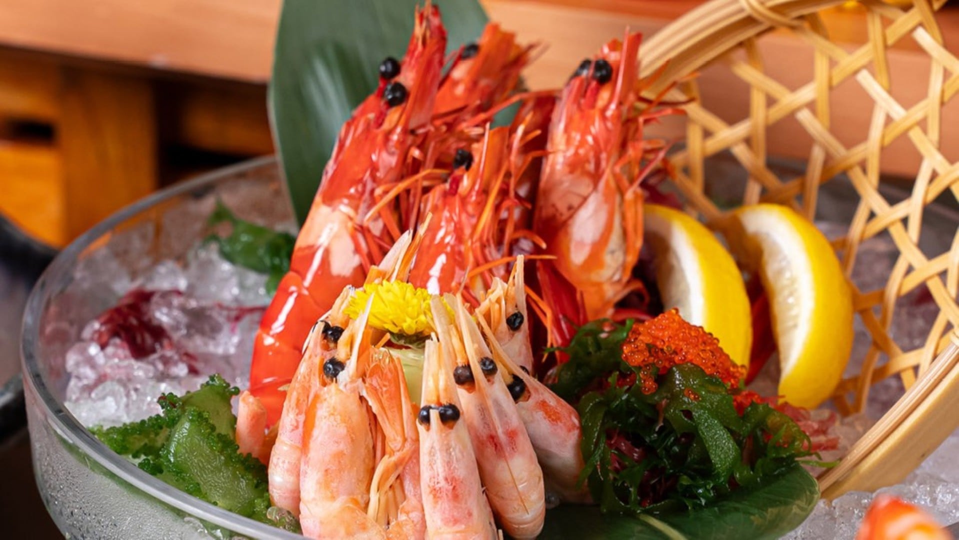Fresh prawns on ice, at RISE, a casual restaurant and seafood buffet in Singapore