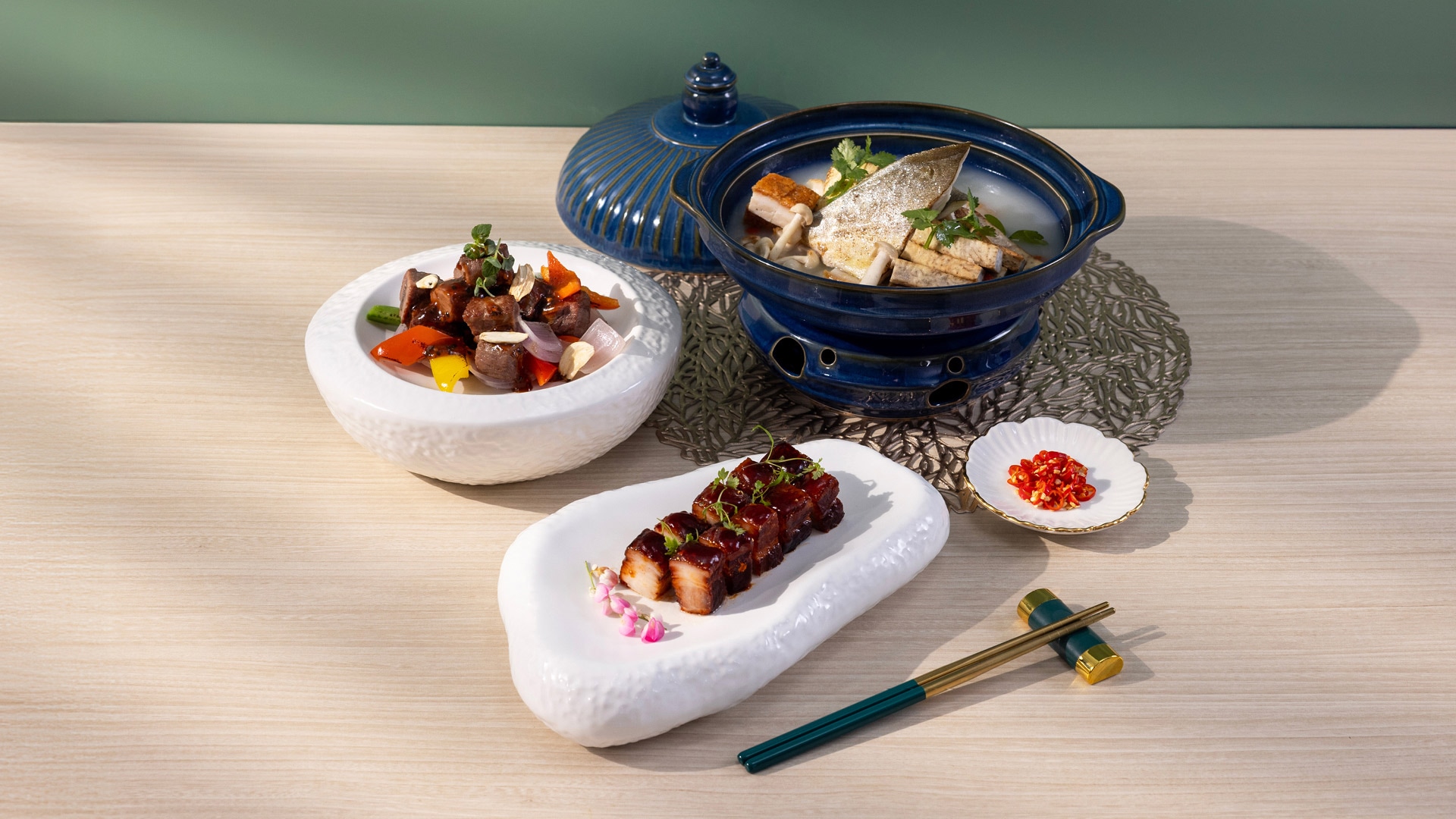 Signature Barbequed Pork, Braised Golden Pomfret with Roasted Pork and Taro in Shunde Style & Wok-Fried Diced Beef Tenderloin with Bell Pepper and Crispy Garlic in Black Pepper Sauce