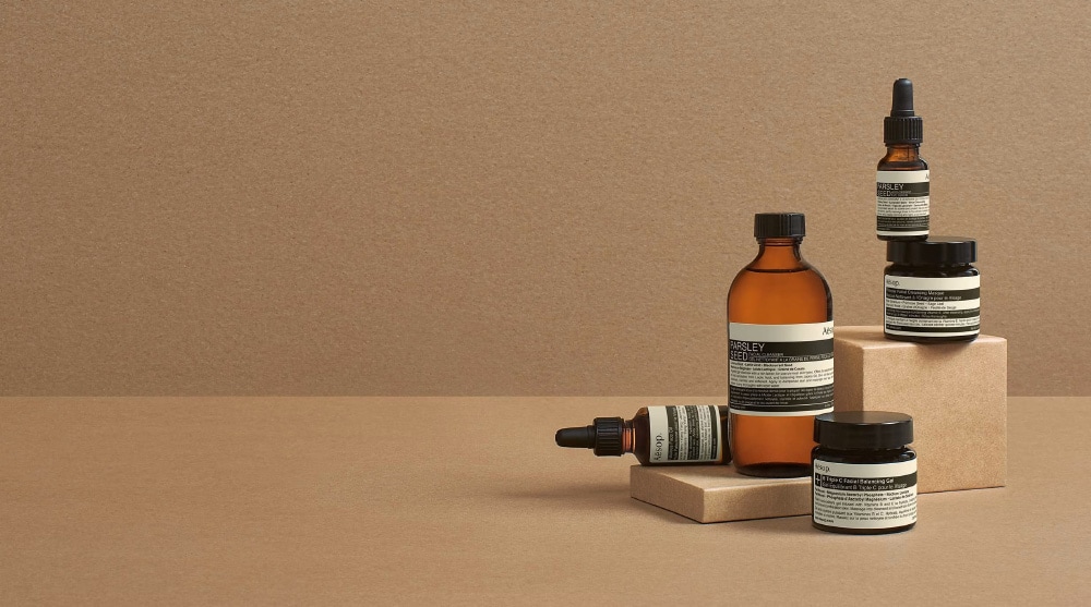 Bottles of botanical skincare items for self-care that can be found at Aesop