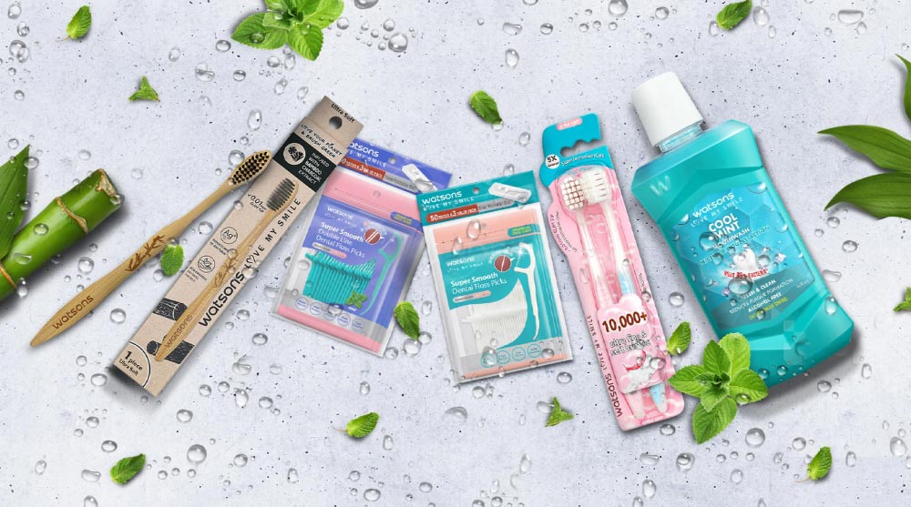 Essentials like toothbrush, mouthwash and floss sold by Watsons