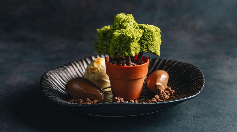 A popular dessert served at Koma, Singapore, shaped like Bonsai, a Japanese plant