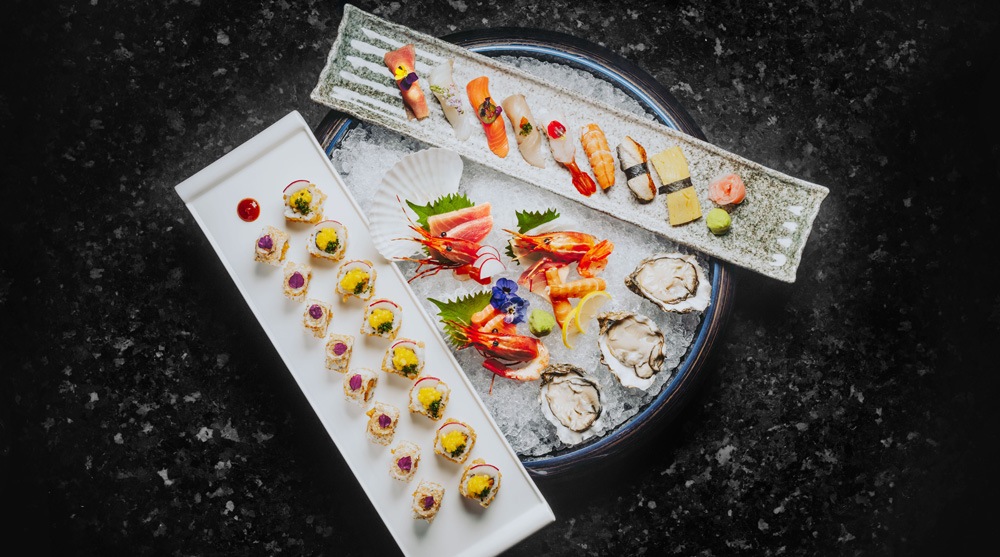 A seafood platter with oysters and assortment of sushi at KOMA, Singapore