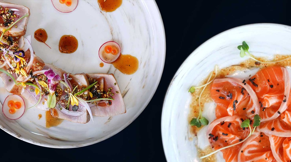 Salmon sashimi and hamachi dishes served at Sen of Japan, Marina Bay Sands