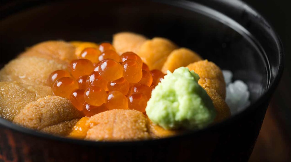 Uni on rice in a bowl served at Waku Ghin, Singapore