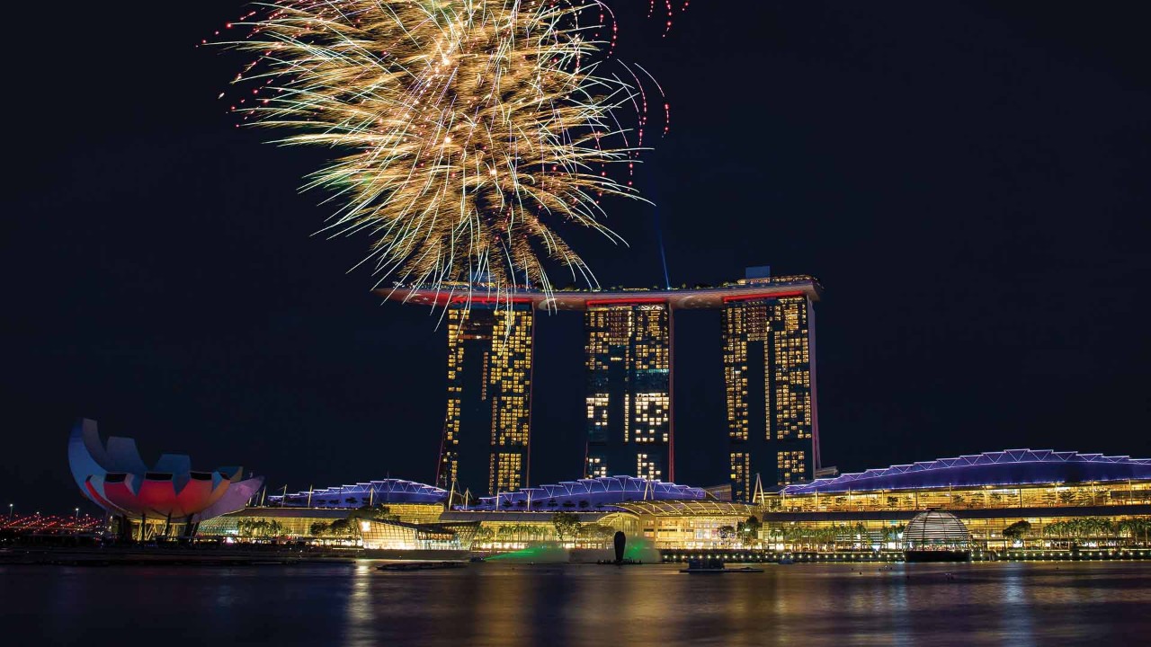 Singapore National Day fireworks, near Marina Bay Sands