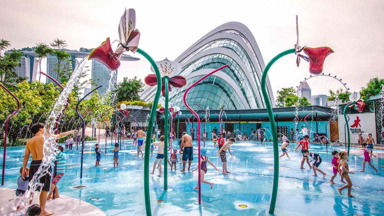 Kids playing at a water park at Gardens by the Bay, near Marina Bay Sands
