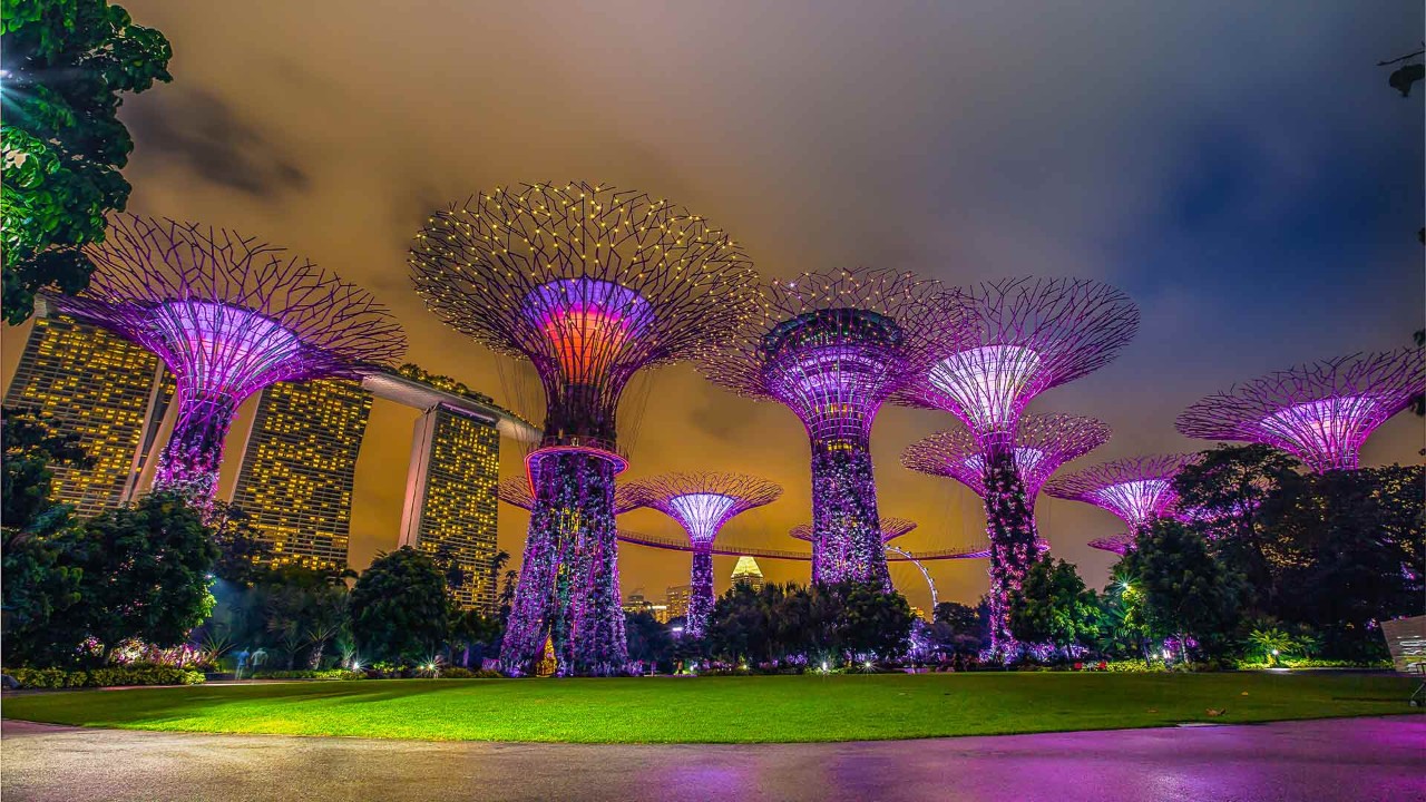 Getting to Gardens by the Bay at night, with Marina Bay Sands as the backdrop