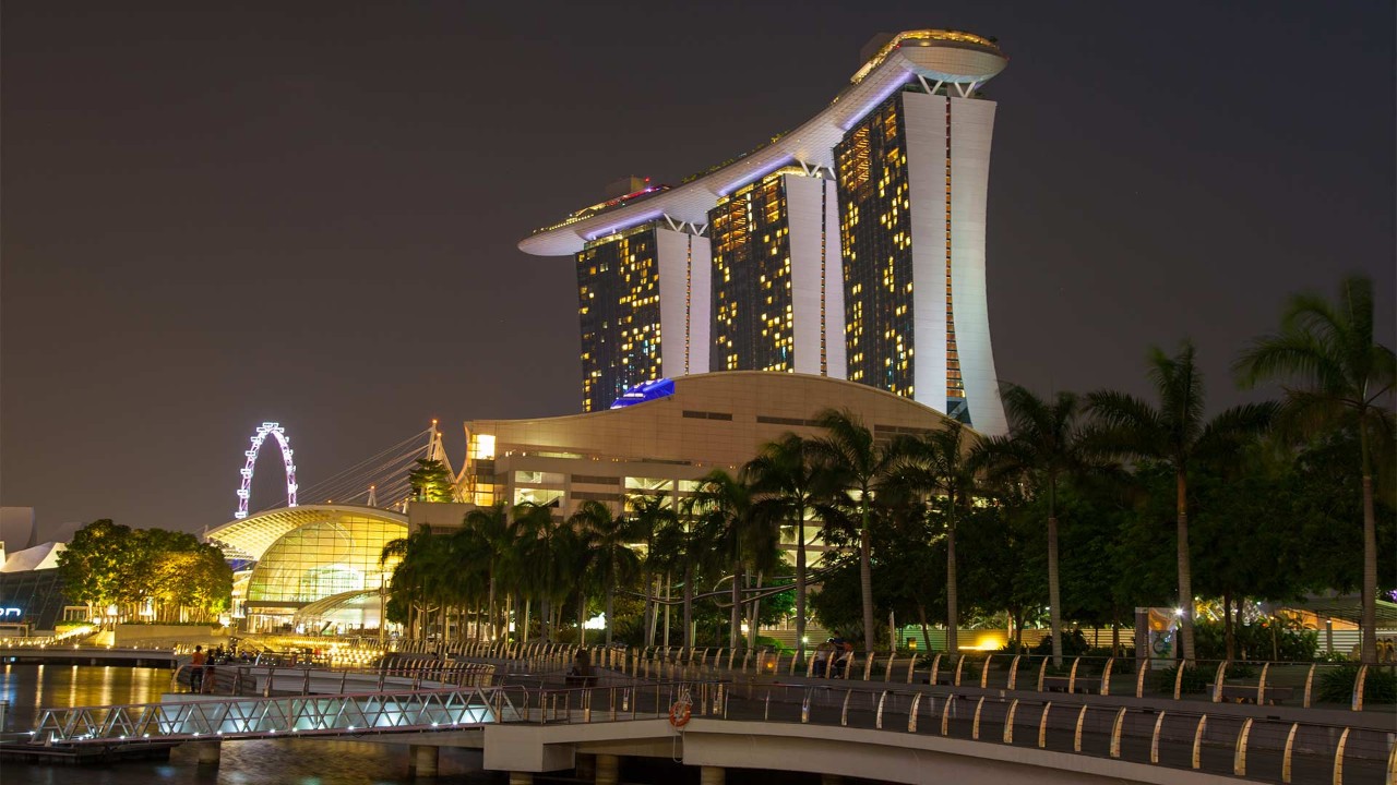 Night view of The Promontory at Marina Bay during your run at the best running route in Singapore