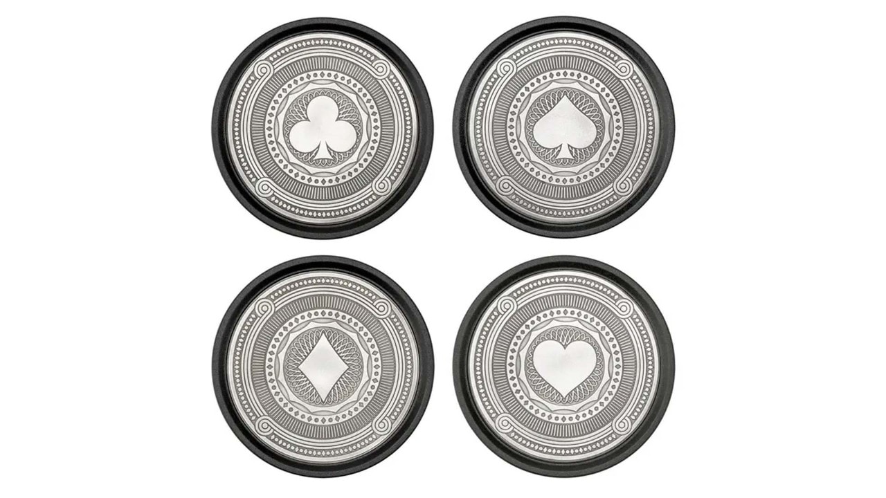Metal coaster with the club, heart, spade and diamond engraved on it for housewarming gift