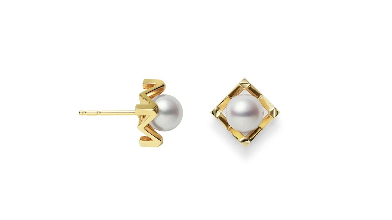 Gold and pearl stud earrings from Mikimoto, a luxury jewellery brand at Marina Bay Sands, Singapore