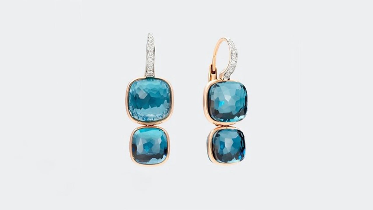Double drop earrings for women in blue London topaz by Pomellato, a luxury jewellery brand in Singapore