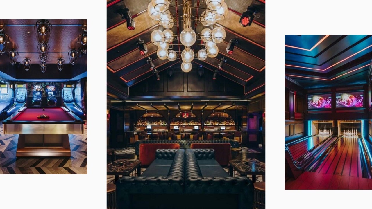 Pool table, lounge area and bowling alley at the top nightclub in Singapore