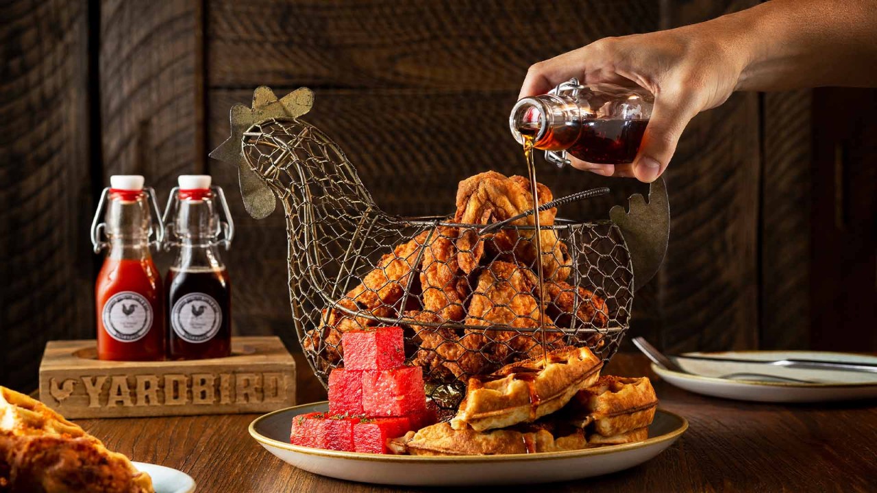 Chicken and waffles, served at the best lunch places in Singapore, at Marina Bay Sands