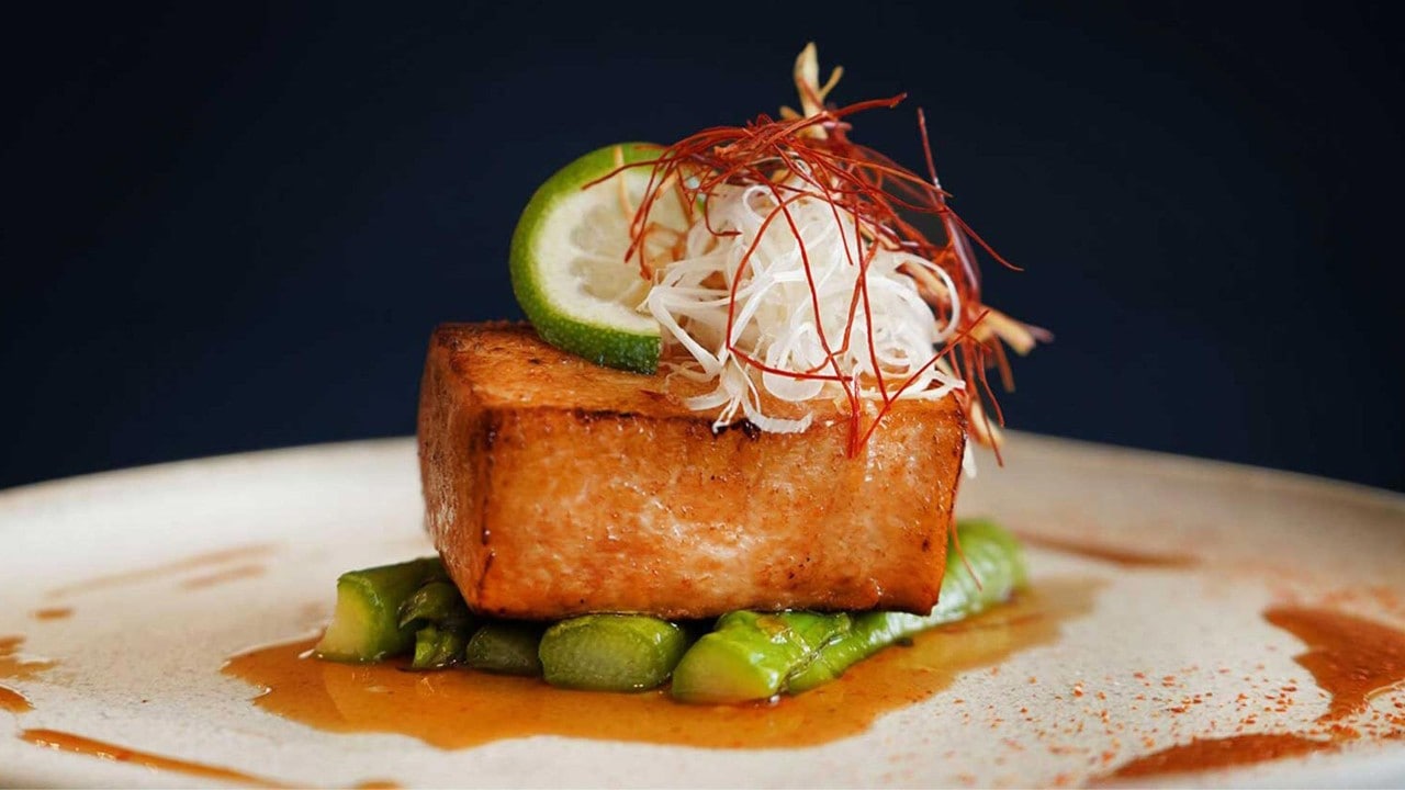 Fish on asparagus, a morden interpretation of Japanese cuisine in Singapore