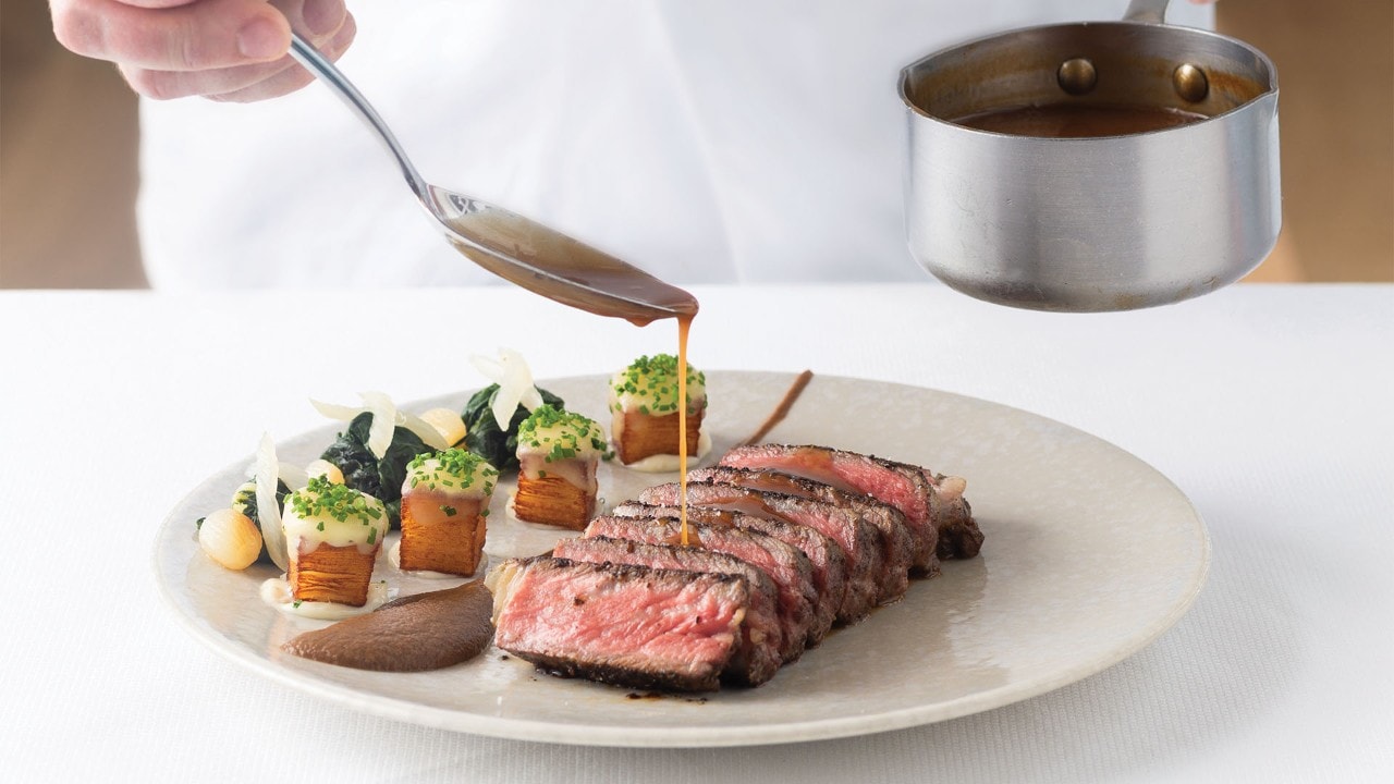 Steak from Spago Dining Room, a western fine dining rooftop restaurant in Singapore