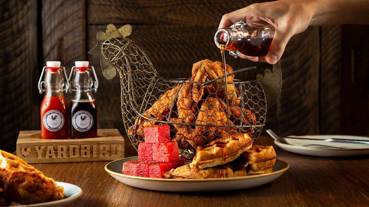 Fried chicken with waffles and watermelon at Yardbird, a western restaurant with western food in Singapore