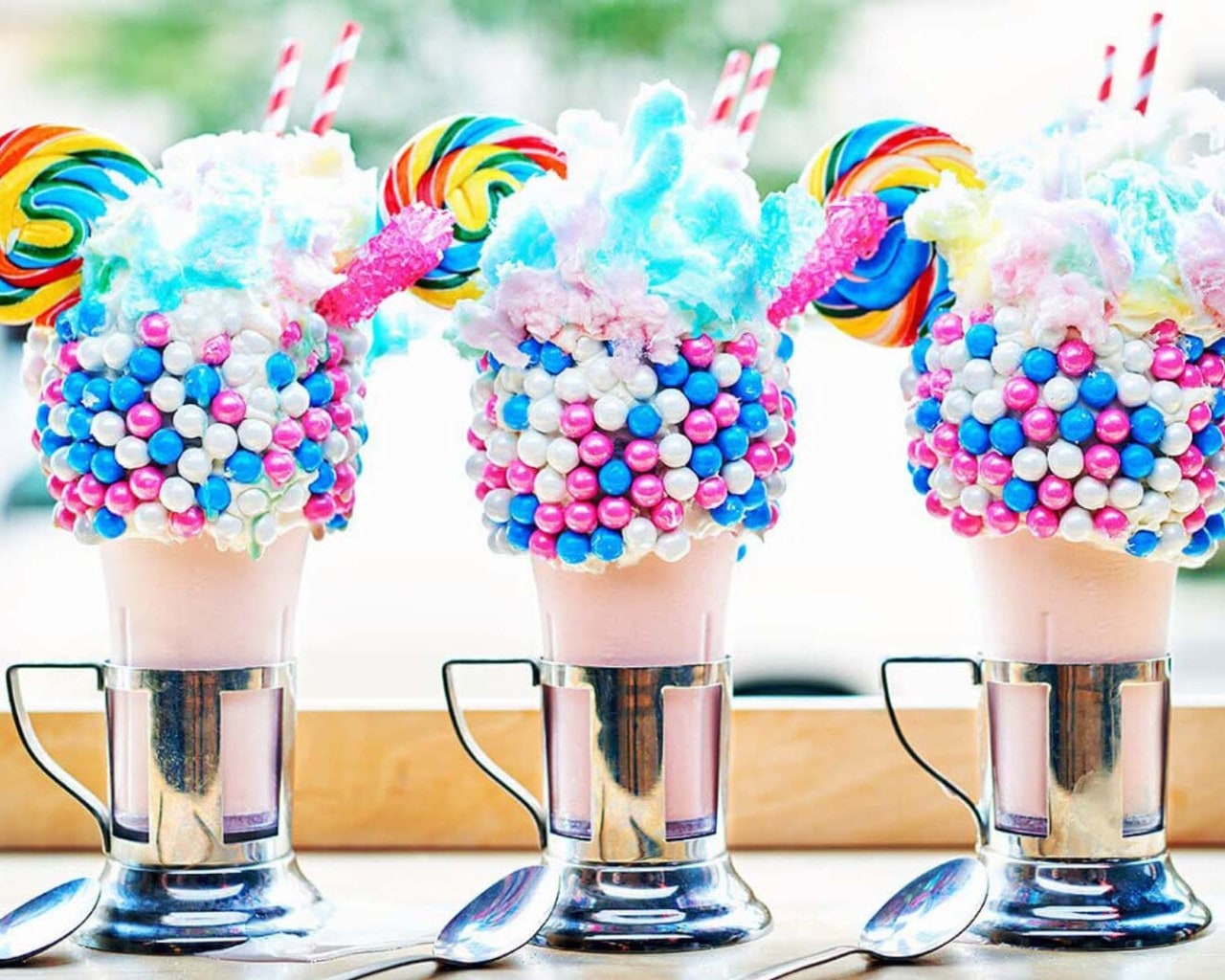 Three colourful milkshakes topped with candy floss and candies to pair your burgers for dinner