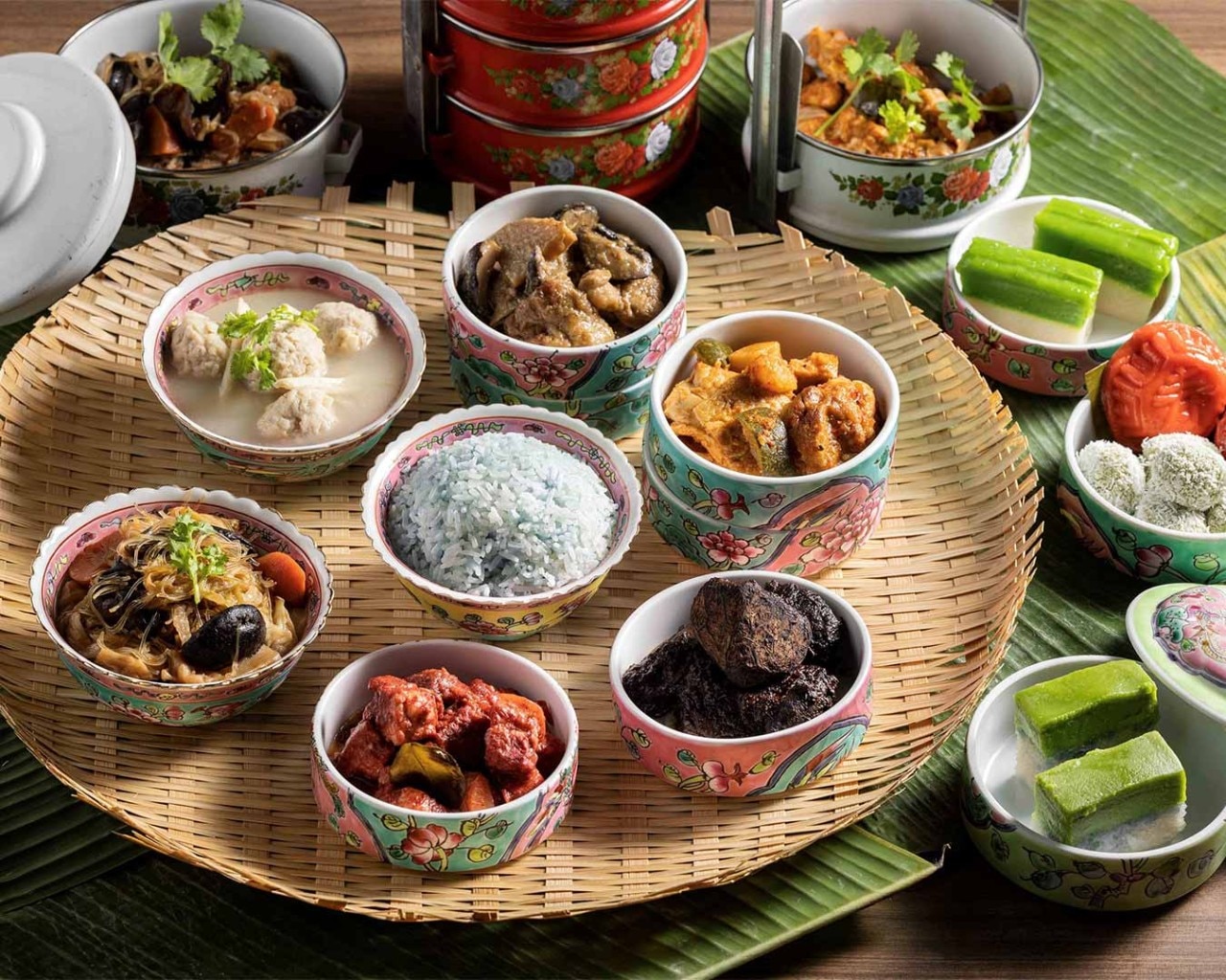 Blue pea rice and Peranakan dishes available at RISE, the best dinner places in Singapore