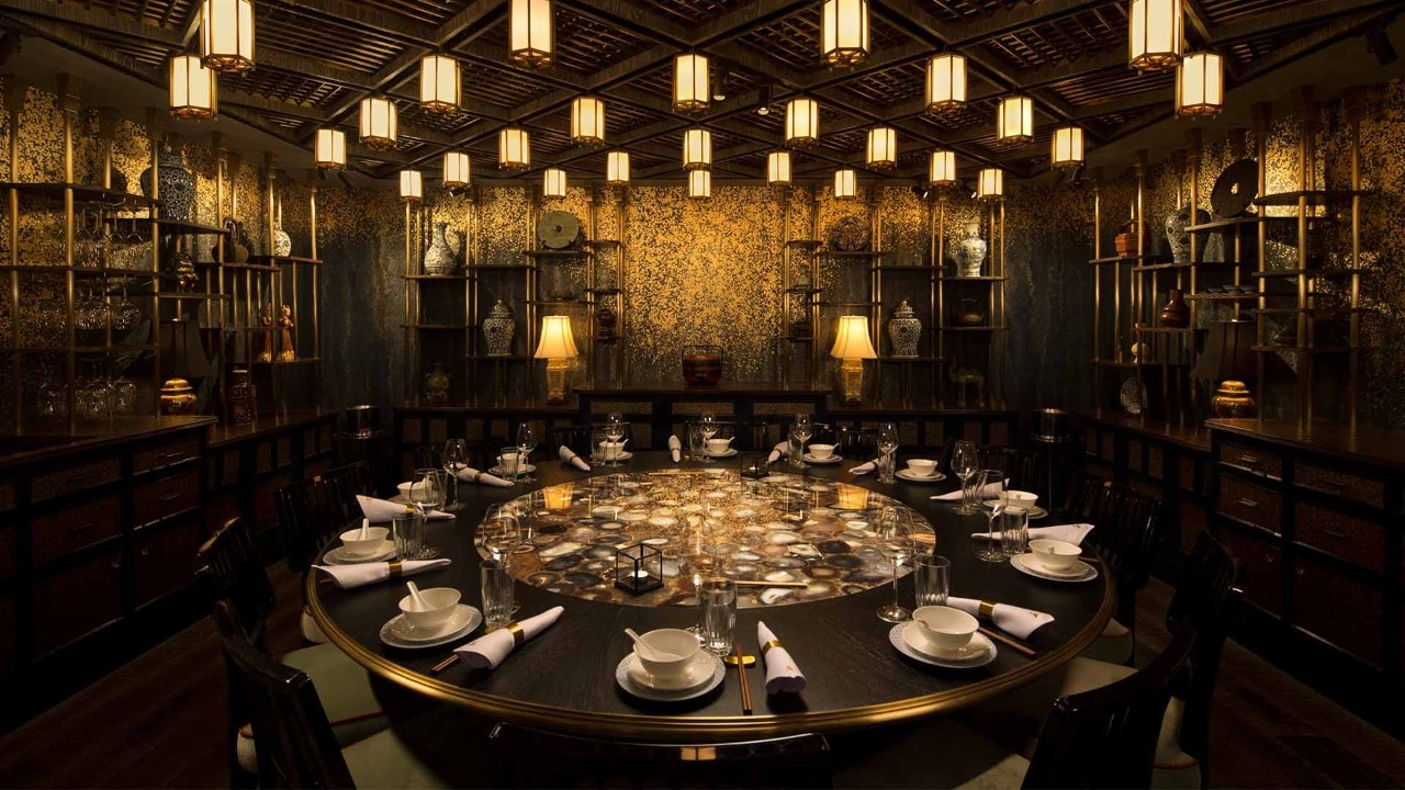 Interior of Mott 32, a fine dining Chinese restaurant in Marina Bay Sands Singapore
