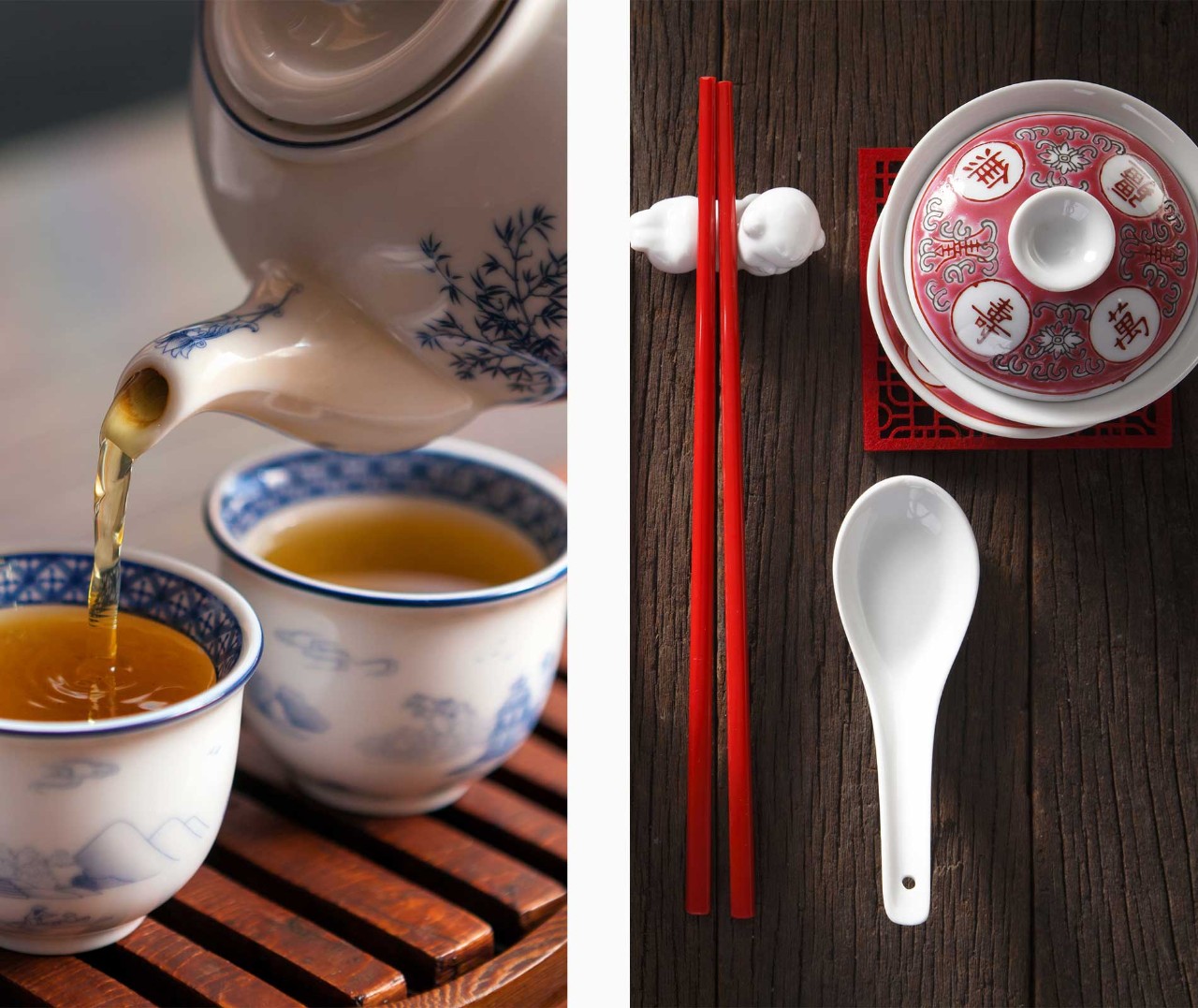 Pouring Chinese tea, and a Chinese dim sum restaurant table setting in Singapore