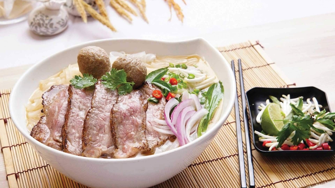 Pho, noodles and beef slices in soup served at some of the best halal restaurants in Singapore, at Marina Bay Sands