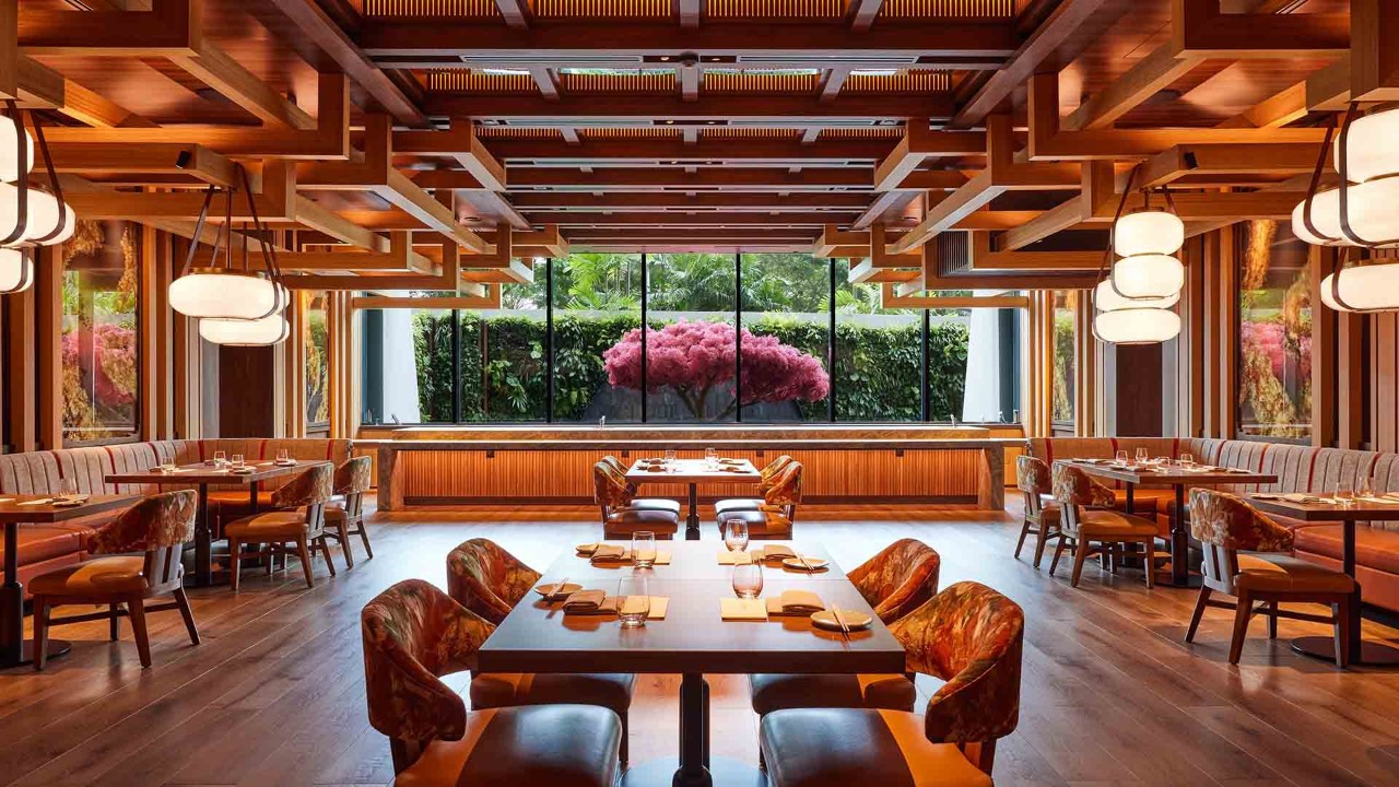 The dining room boasting a backdrop of a maple tree at Wakuda Restaurant & Bar, an instagrammable restaurant in Singapore