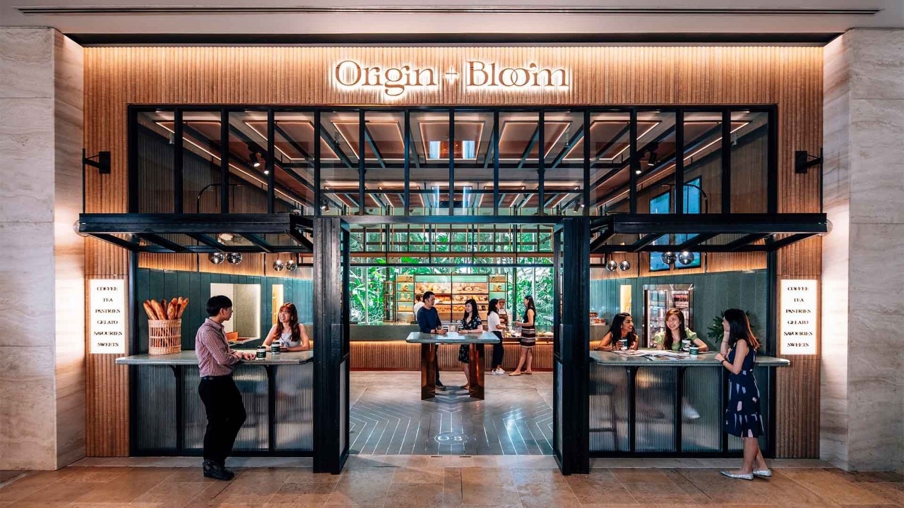 A well decorated and instagrammable cafe which says 'Origin + Bloom' at Marina Bay Sands