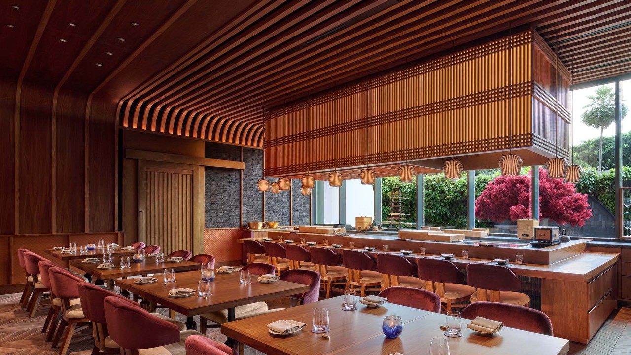 Interior and dining area at Wakuda, a Michelin-starred restaurant in Singapore