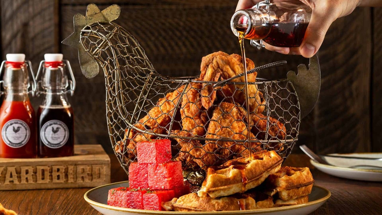 Fried chicken and waffles from Yardbird, perfect for sharing with colleagues at an after-work gathering