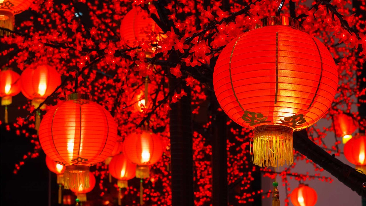Chinese lanterns lit up to celebrate the Mid-Autumn Festival in Singapore