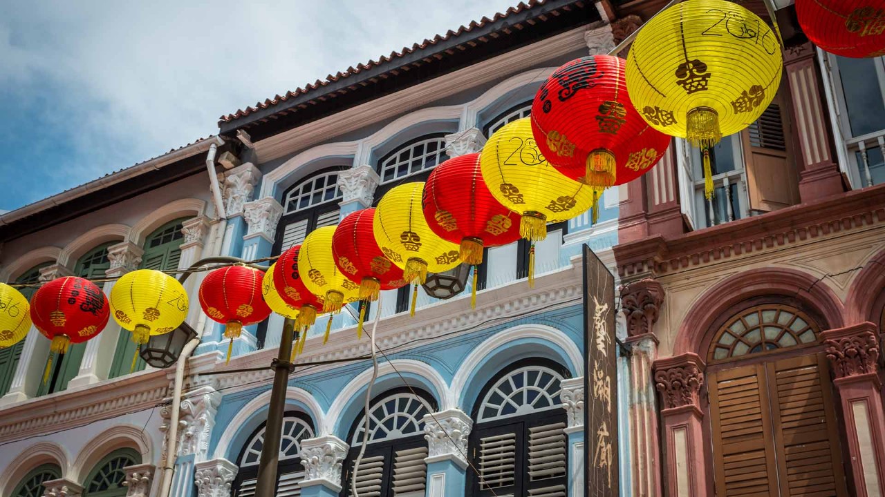 Lantern decorations at Chinatown with traditional buildings for Mid-Autumn Festival 2023 Singapore