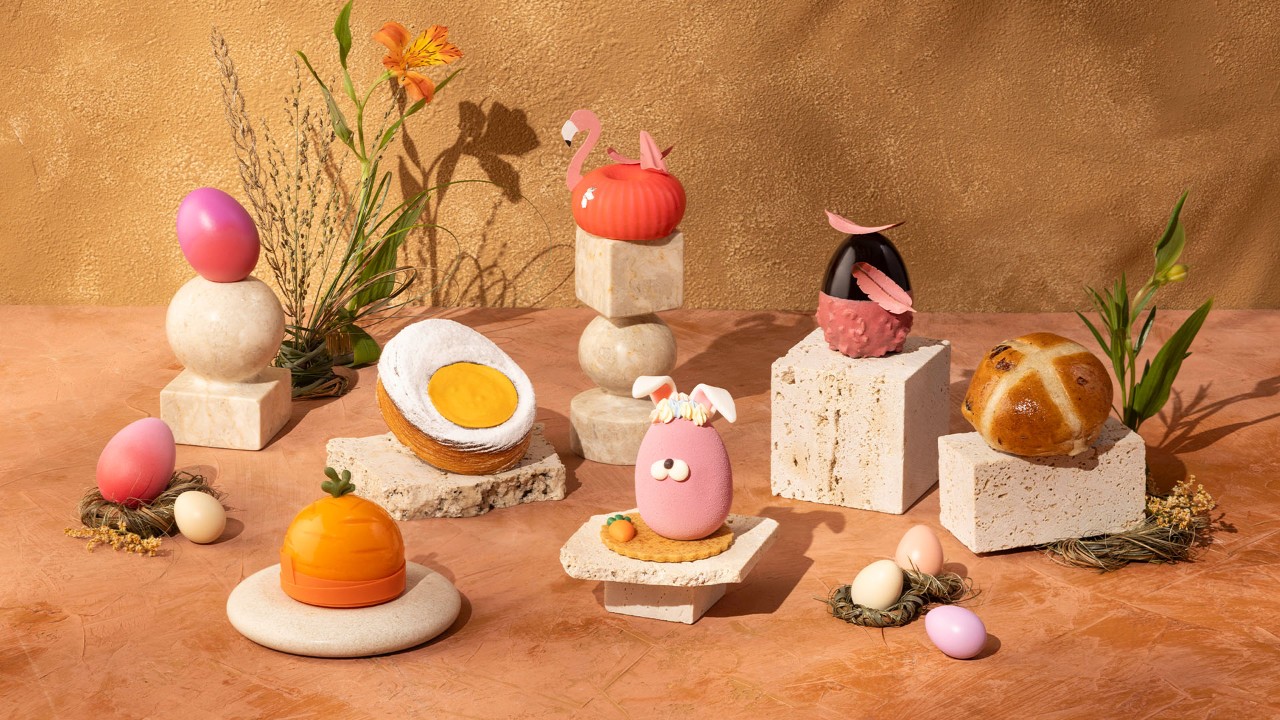 Easter goodies and breakfast on a dining table during Easter Sunday