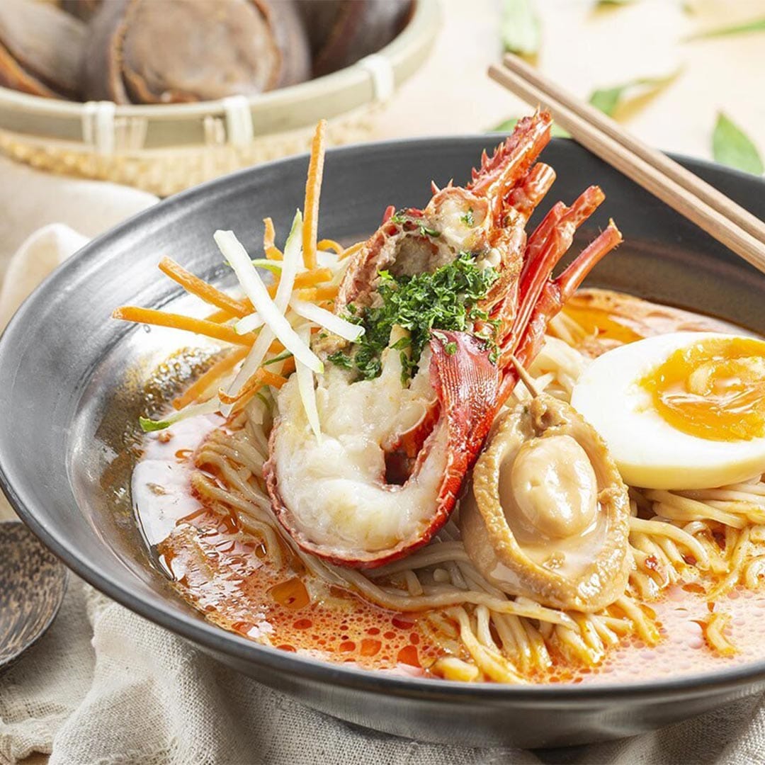 Curry noodles with abalone and prawns from Tong Dim, a casual dining restaurant in Singapore