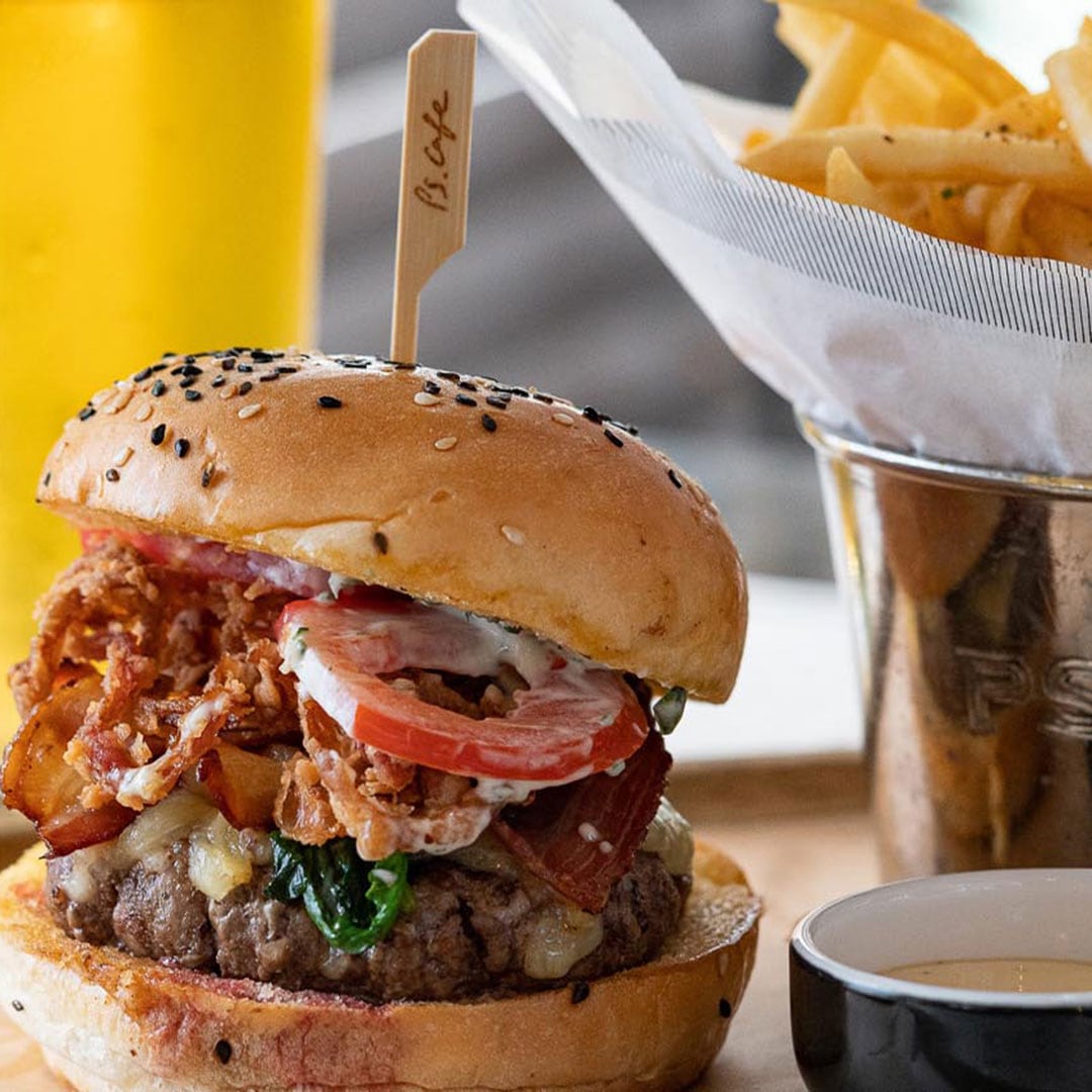 Burger and fries at PS Cafe, a casual dining restaurant and cafe in Singapore