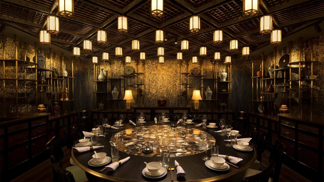 Private dining room at Mott 32 Singapore, a Chinese restaurant at Marina Bay Sands